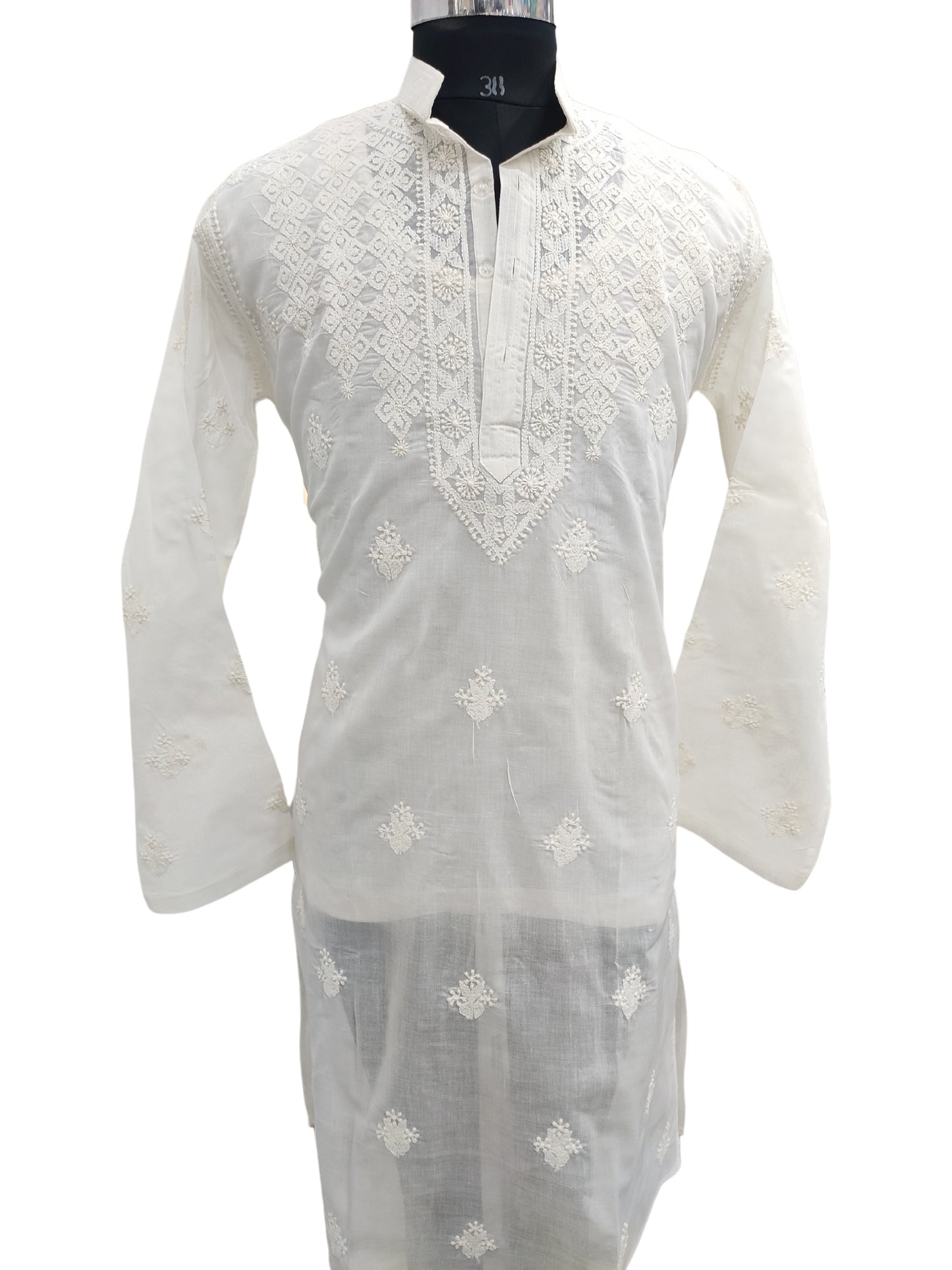 Shyamal Chikan Hand Embroidered Ivory White Cotton Lucknowi Chikankari Men's Kurta – S23604