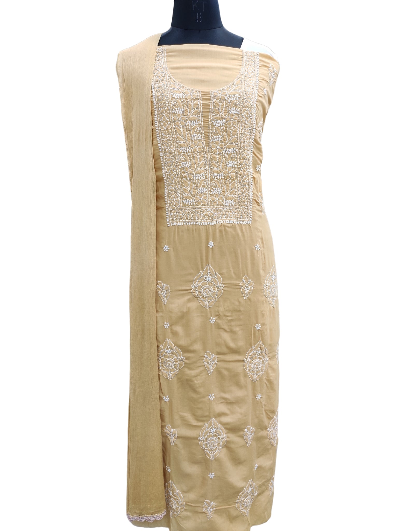 Shyamal Chikan Hand Embroidered Beige Cotton Lucknowi Chikankari Unstitched Suit Piece 24185