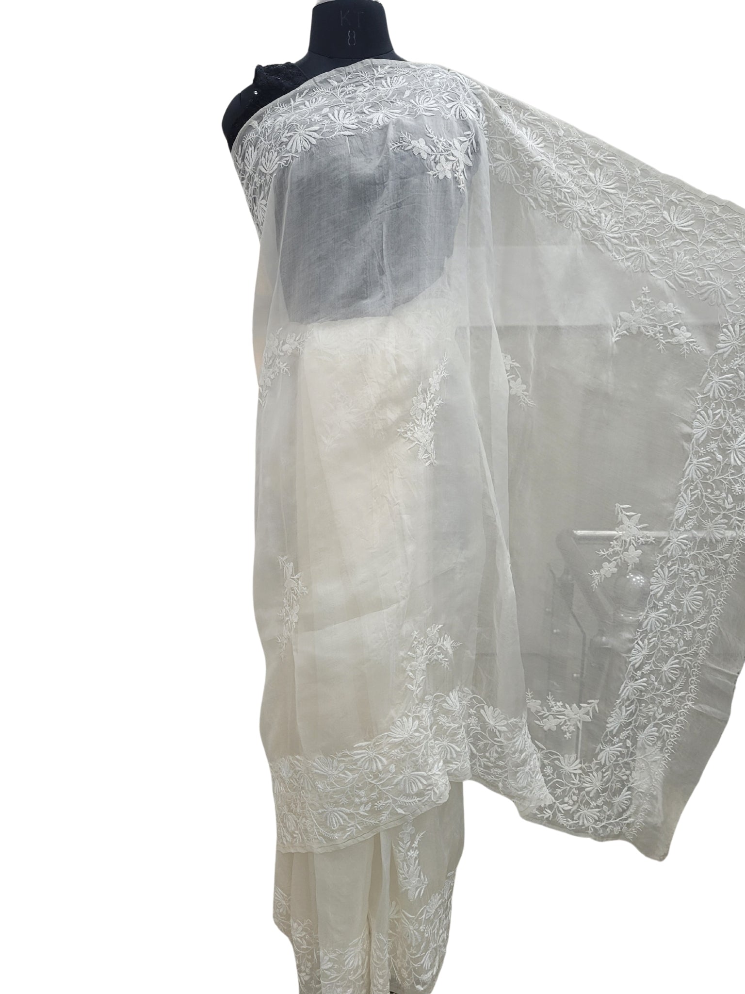 Shyamal Chikan Hand Embroidered White Pure Organza Lucknowi Chikankari Saree With Blouse Piece - S24989