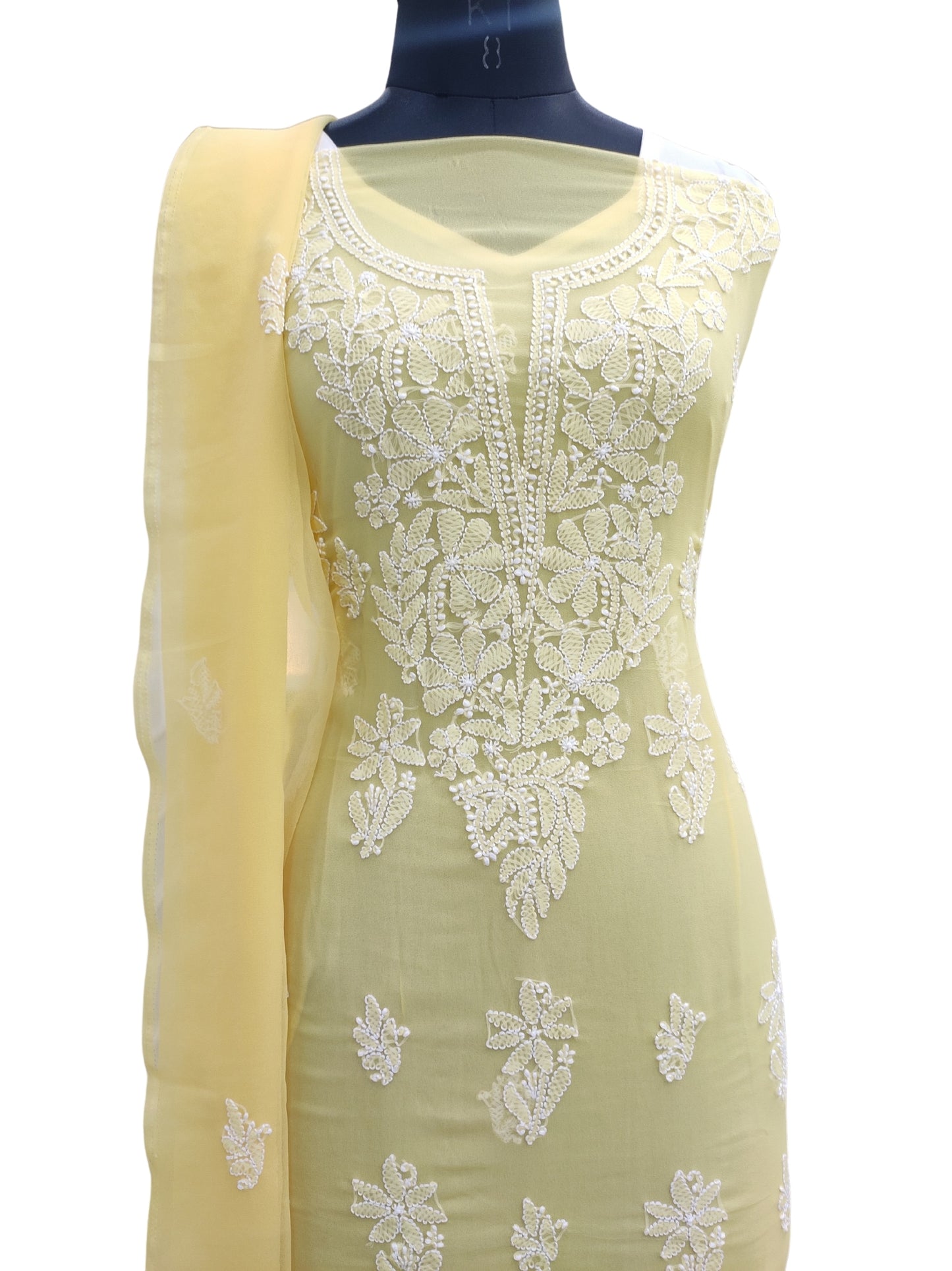 Shyamal Chikan Hand Embroidered Yellow Georgette Lucknowi Chikankari Unstitched Suit Piece - 24103