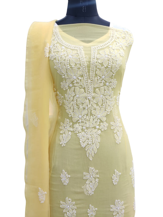 Shyamal Chikan Hand Embroidered Yellow Georgette Lucknowi Chikankari Unstitched Suit Piece - 24103