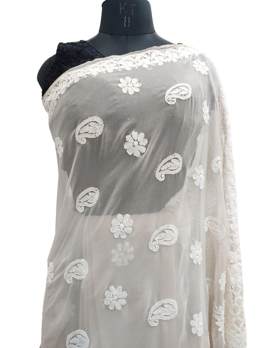 Shyamal Chikan Hand Embroidered Beige Georgette Lucknowi Chikankari Saree With Blouse Piece - S21330