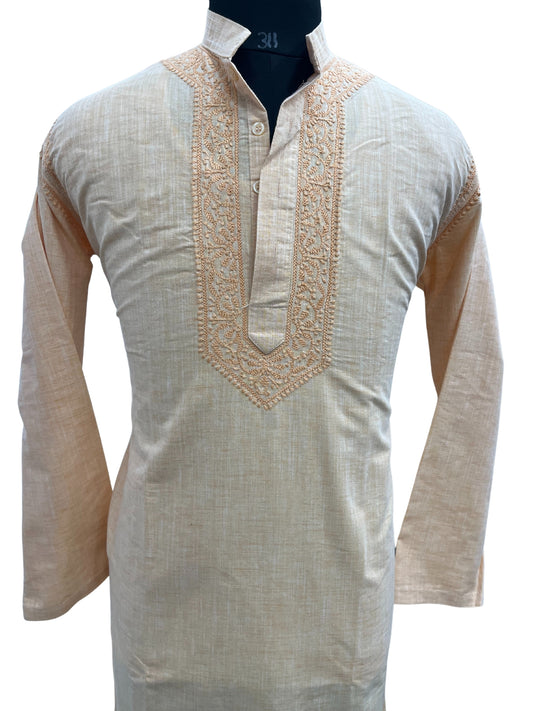 Shyamal Chikan Hand Embroidered Orange Cotton Lucknowi Chikankari Men's Kurta– S20666