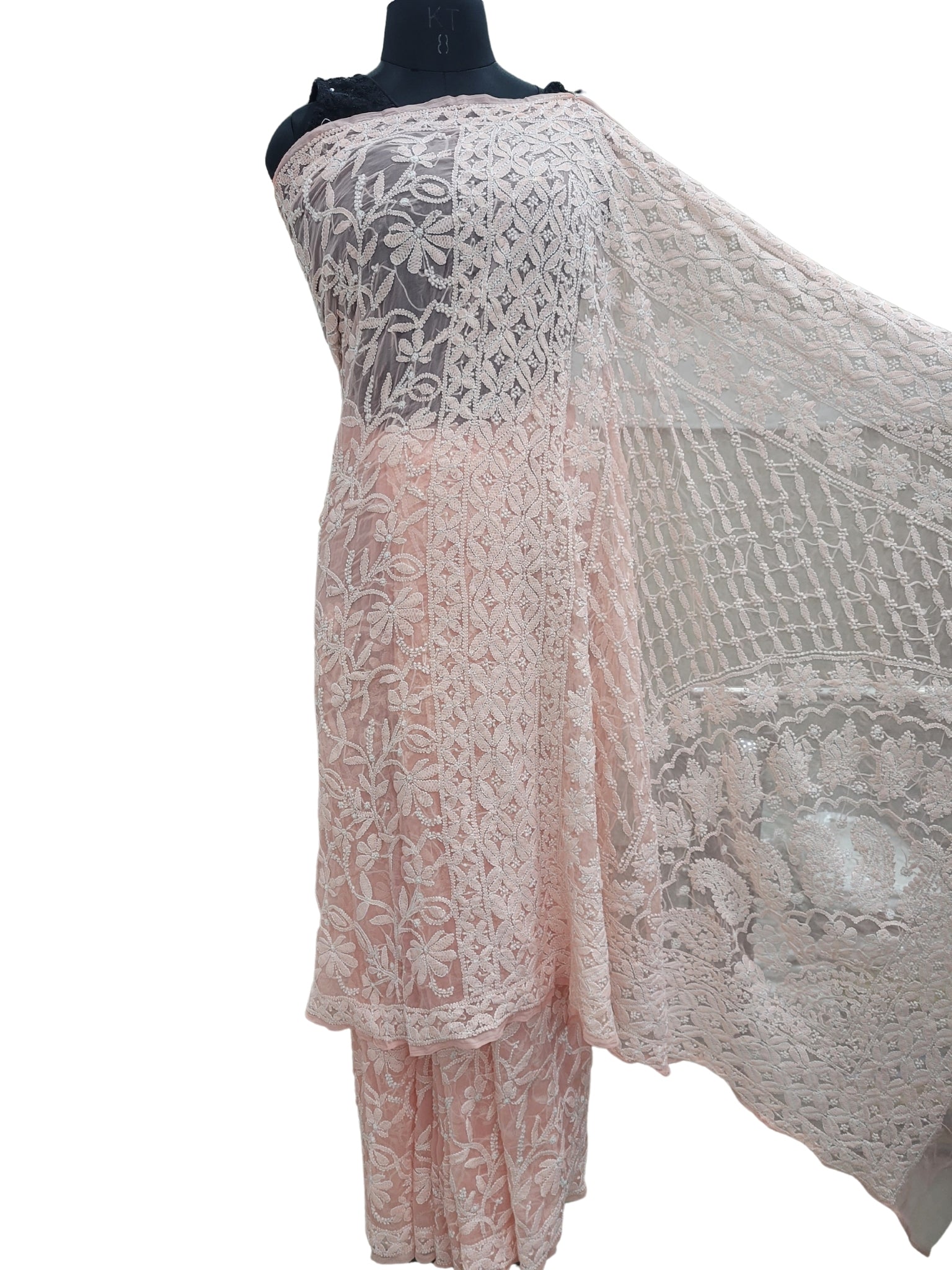 Shyamal Chikan Hand Embroidered Peach Georgette Lucknowi Chikankari Full Jaal Saree With Blouse Piece - S25196