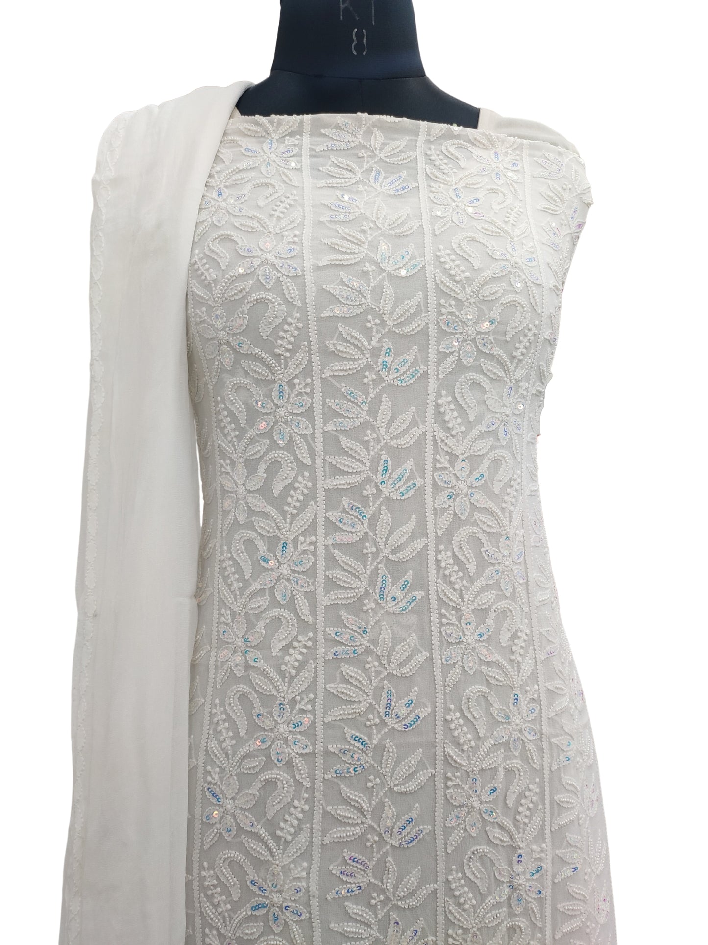 Shyamal Chikan Hand Embroidered White Viscose Georgette Lucknowi Chikankari Unstitched Suit Piece With Pearl and Sequin Work ( Kurta  Dupatta Set ) - S20466
