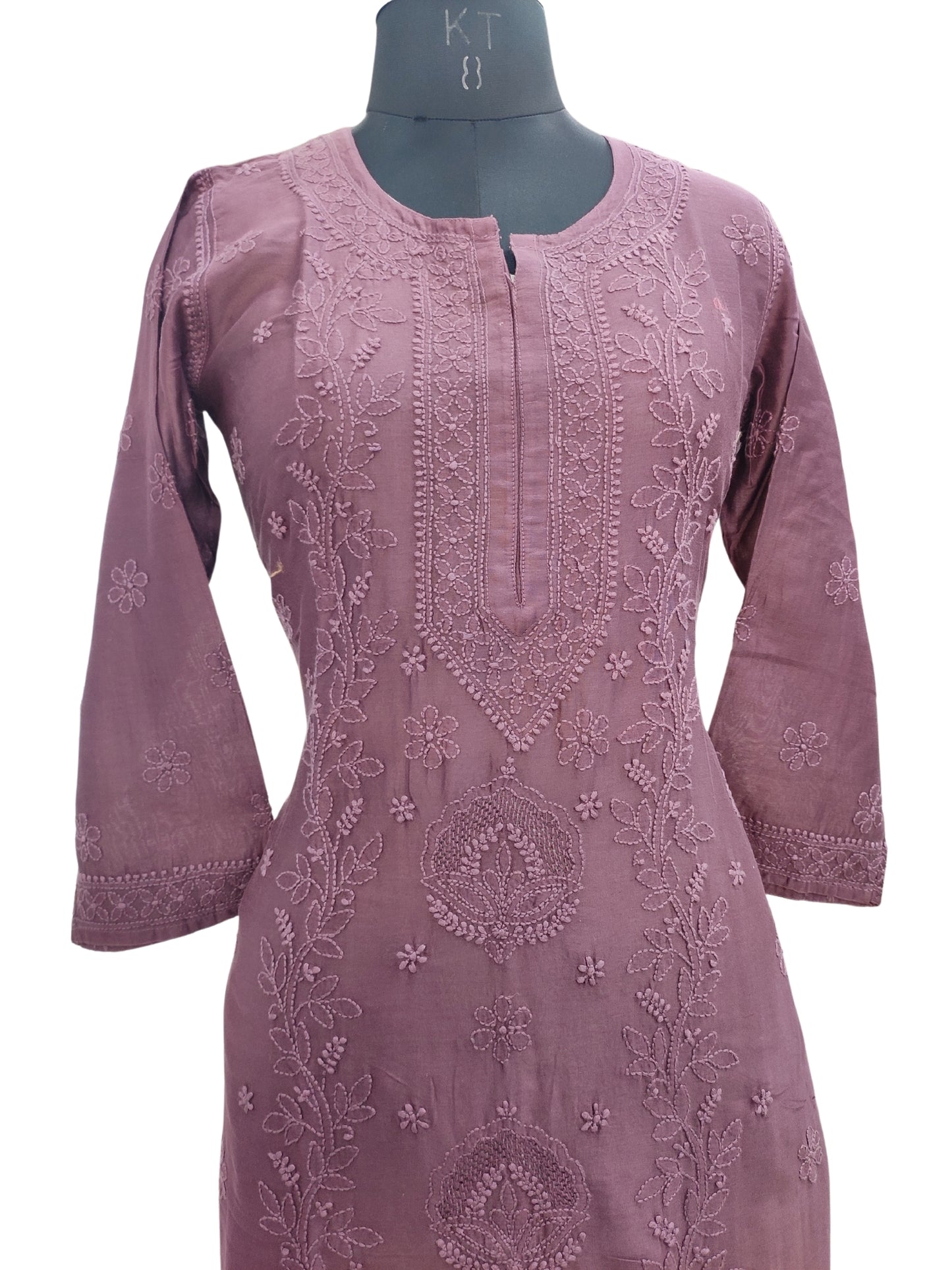 Shyamal Chikan Hand Embroidered Wine Chanderi Silk Lucknowi Chikankari Kurti - S16655