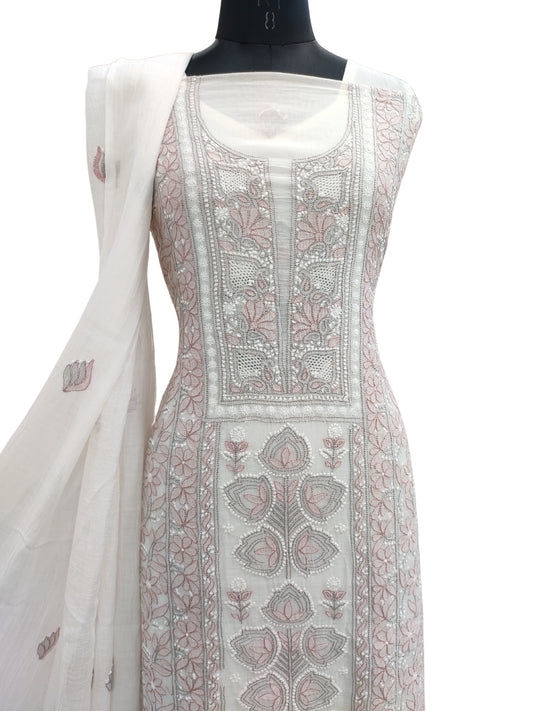 Shyamal Chikan Hand Embroidered White Mul Chanderi Lucknowi Chikankari Unstitched Suit Piece (Kurta Dupatta Set) - S23539