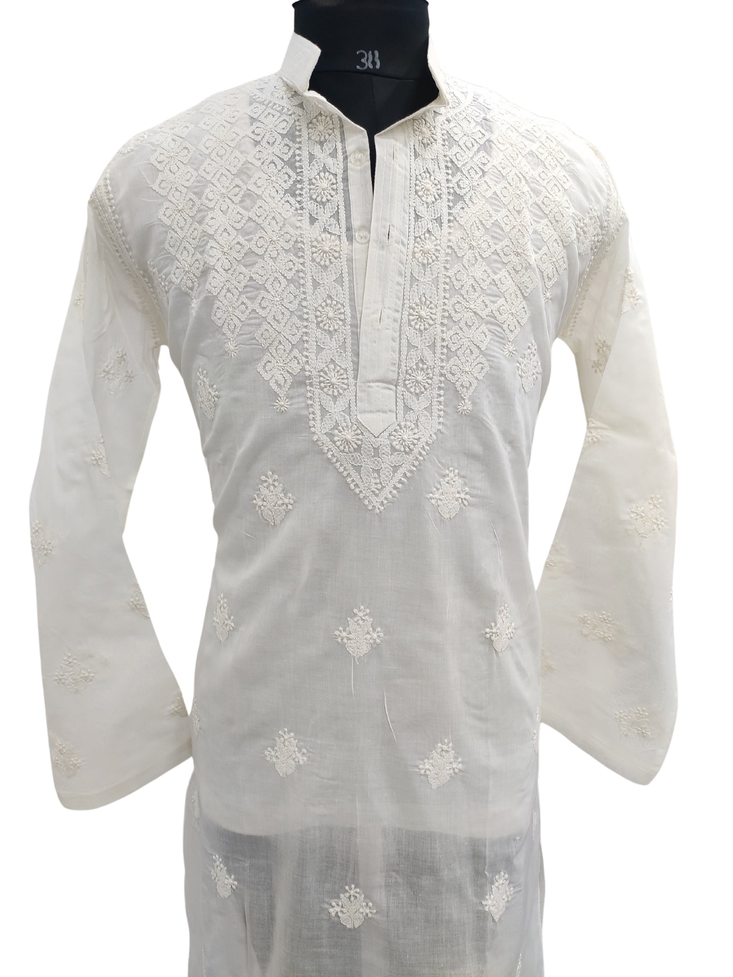 Shyamal Chikan Hand Embroidered Ivory White Cotton Lucknowi Chikankari Men's Kurta – S23604