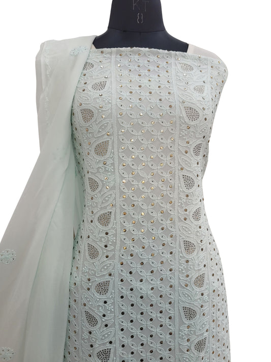 Shyamal Chikan Hand Embroidered Light Sea Green Viscose Georgette Lucknowi Chikankari Unstitched Suit Piece With Mukaish Work  ( Kurta Dupatta Set) -S16629