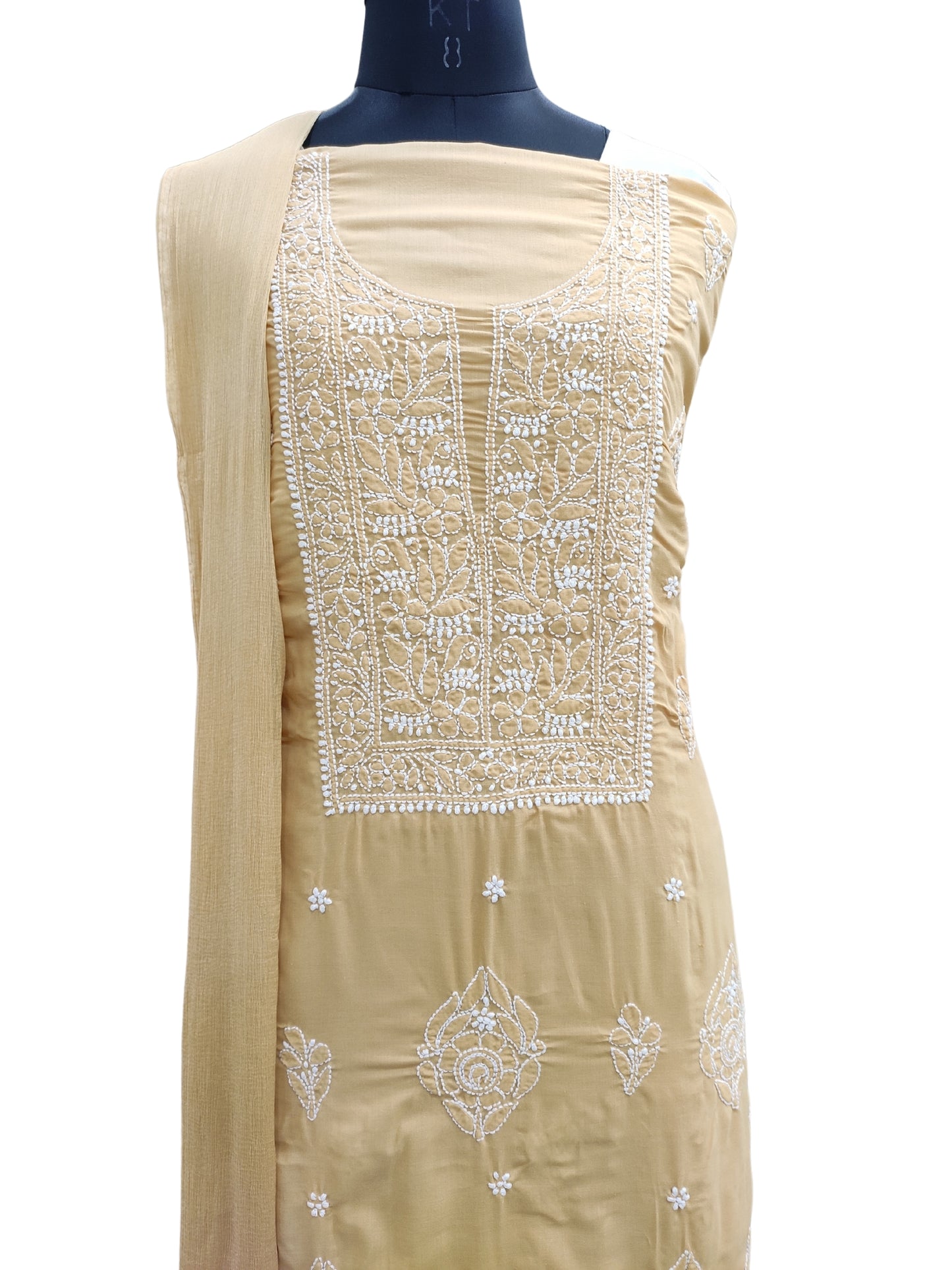 Shyamal Chikan Hand Embroidered Beige Cotton Lucknowi Chikankari Unstitched Suit Piece - S24185