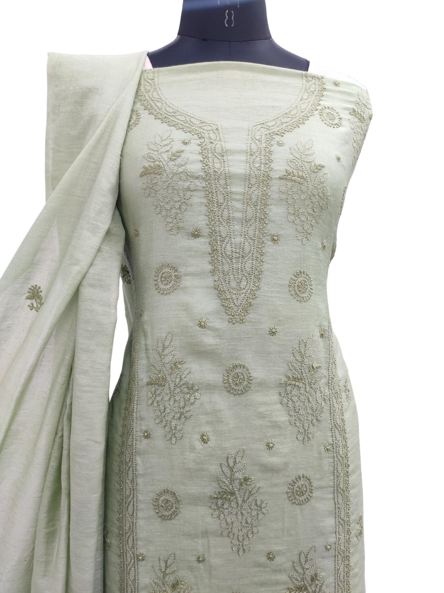 Shyamal Chikan Hand Embroidered Green Pure Lenin Lucknowi Chikankari Unstitched Suit Piece (Kurta  Dupatta Set )- S21143