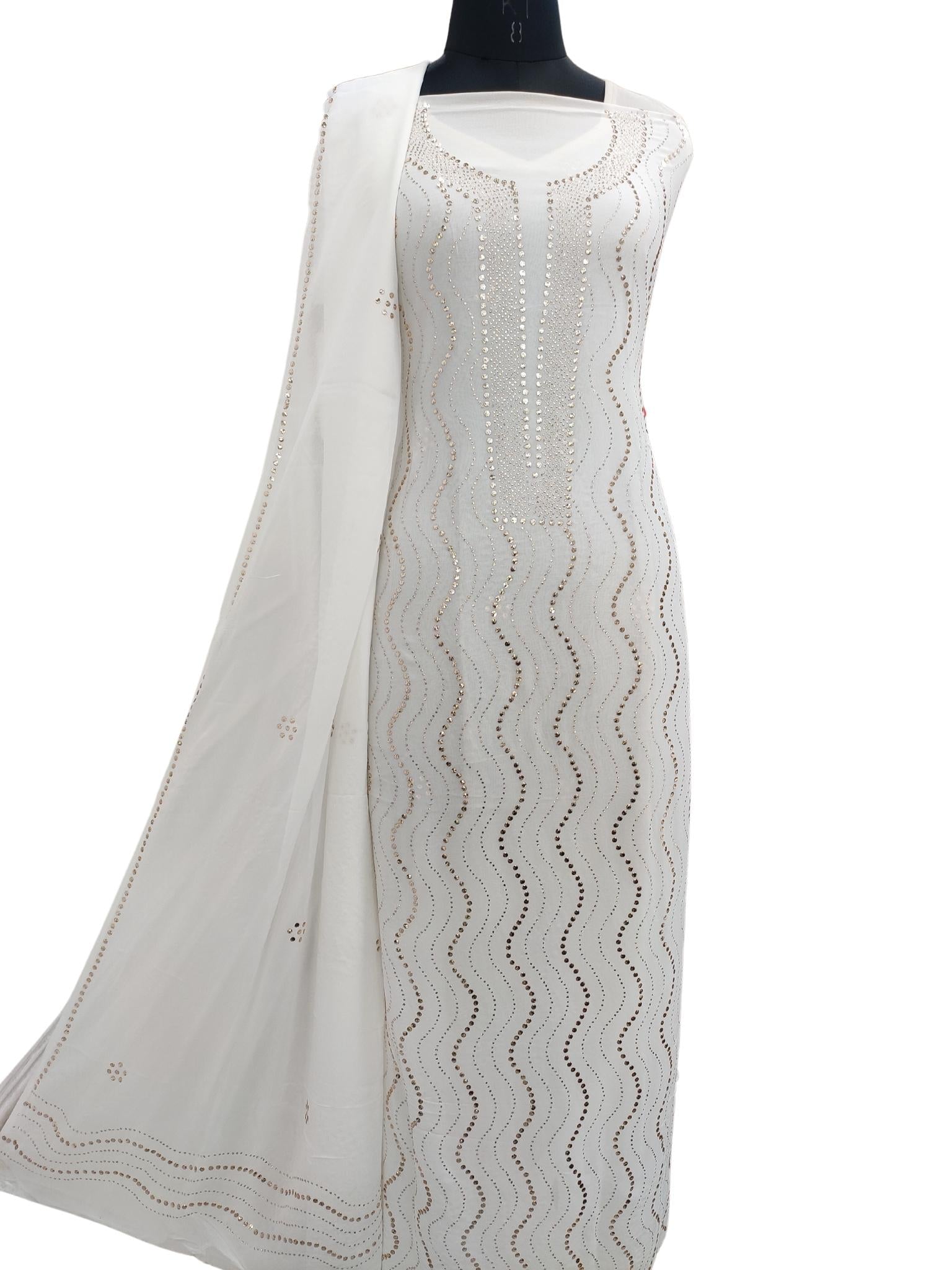 Shyamal Chikan Hand Embroidered White HQ Viscose Georgette Unstitched Suit Piece With Mukaish Work ( Set of 2 ) - S19925