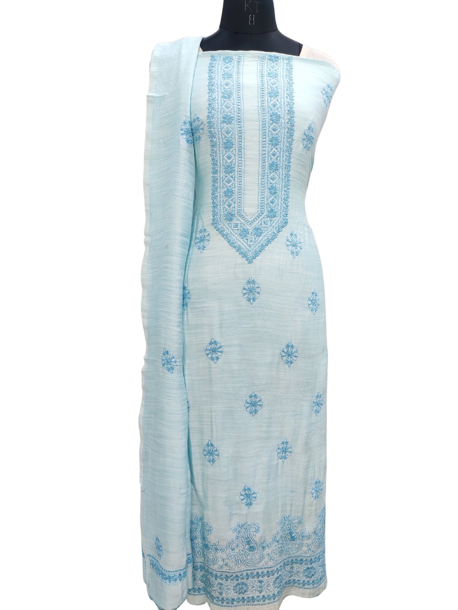 Shyamal Chikan Hand Embroidered Sky Blue Pure Chanderi Silk Lucknowi Chikankari Unstitched Suit Piece ( Set of 2 ) - S20215