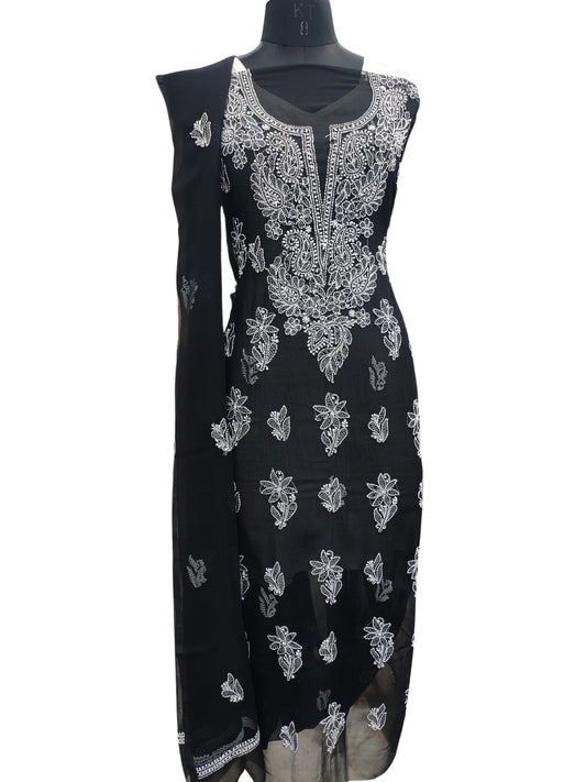 Shyamal Chikan Hand Embroidered Black Georgette Lucknowi Chikankari Unstitched Suit Piece - 24105