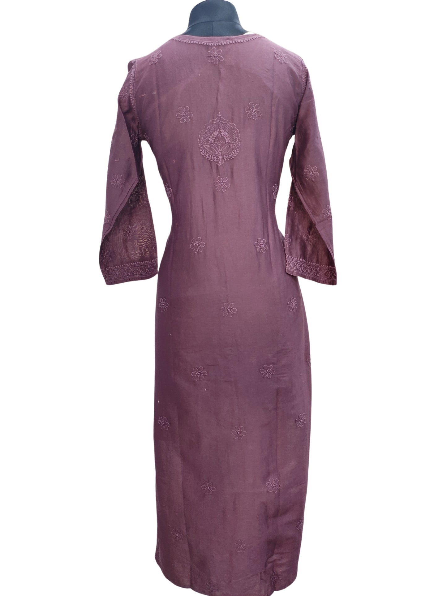 Shyamal Chikan Hand Embroidered Wine Chanderi Silk Lucknowi Chikankari Kurti - S16655