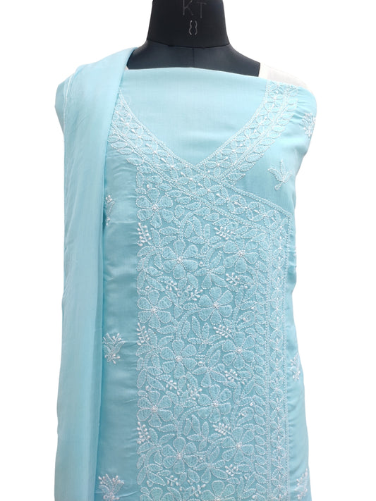 Shyamal Chikan Hand Embroidered Blue Cotton Lucknowi Chikankari Unstitched Angrakha Style Suit Piece- S25431