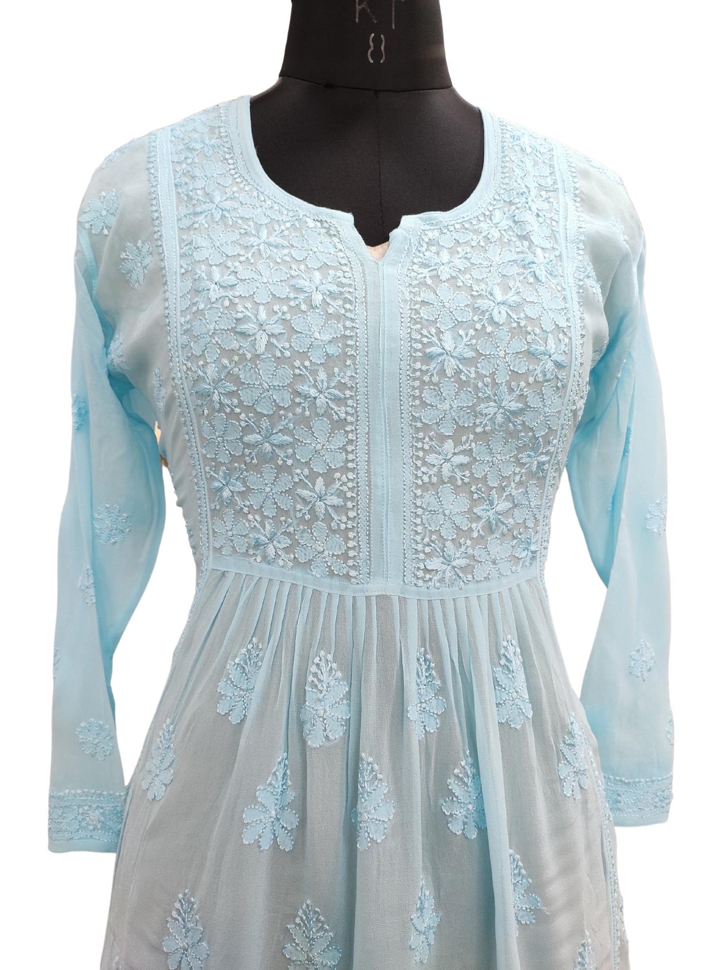 Shyamal Chikan Hand Embroidered Blue Viscose Georgette Lucknowi Chikankari Short Top - S20325