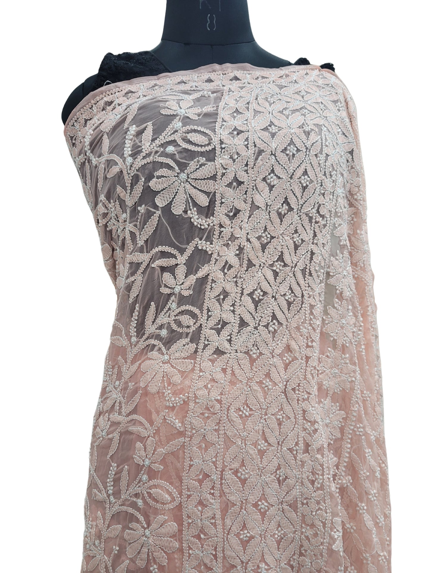 Shyamal Chikan Hand Embroidered Peach Georgette Lucknowi Chikankari Full Jaal Saree With Blouse Piece - S25196