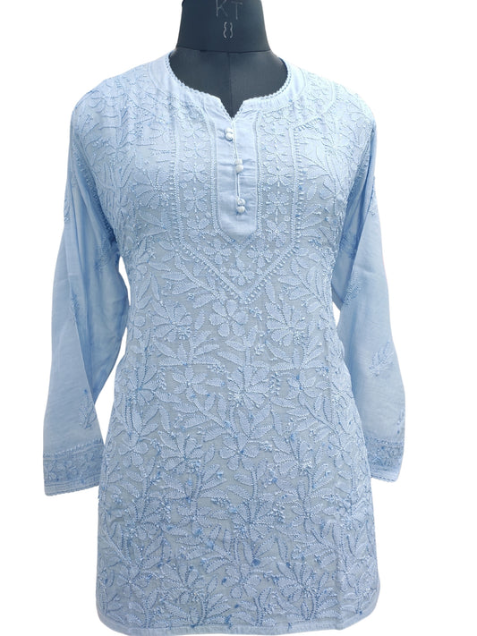 Shyamal Chikan Hand Embroidered Blue Muslin Lucknowi Chikankari Short Top - 23482