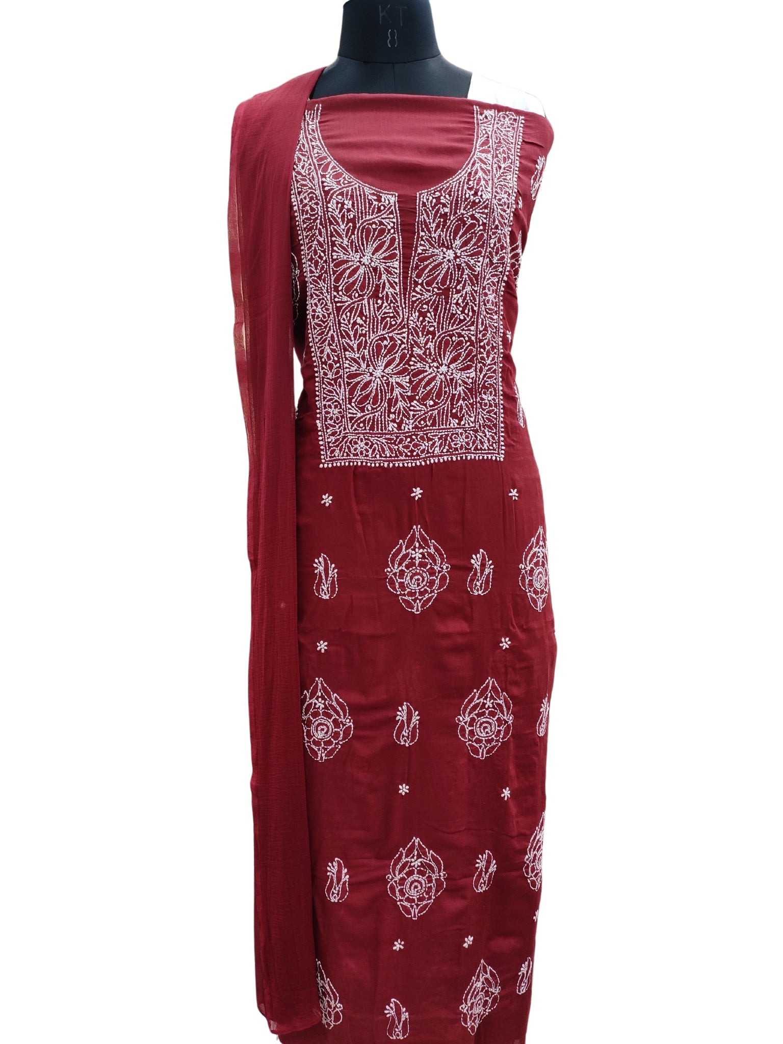 Shyamal Chikan Hand Embroidered Maroon Cotton Lucknowi Chikankari Unstitched Suit Piece 24182