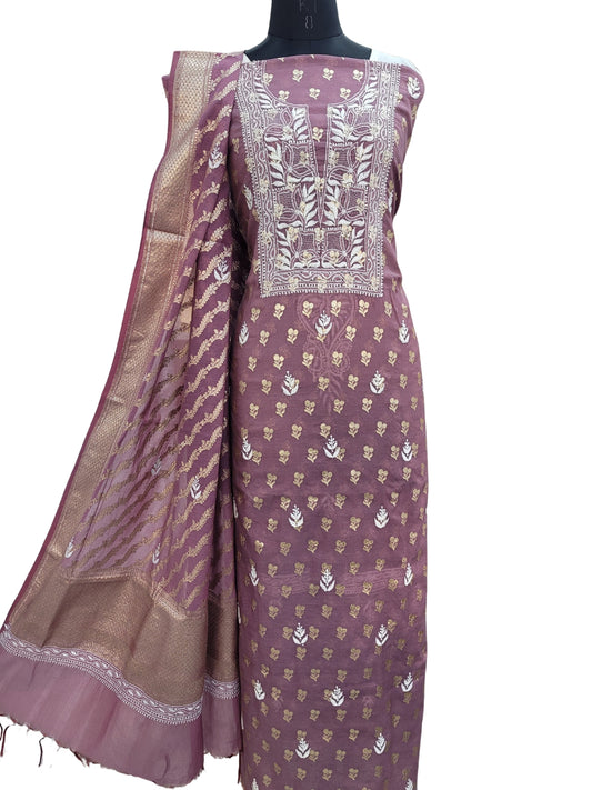 Shyamal Chikan Hand Embroidered Wine Chanderi Lucknowi Chikankari Unstitched Suit Piece ( Kurta Dupatta Set ) S24865