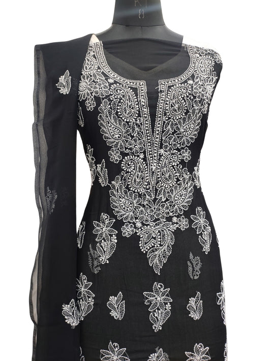 Shyamal Chikan Hand Embroidered Black Georgette Lucknowi Chikankari Unstitched Suit Piece - 24105