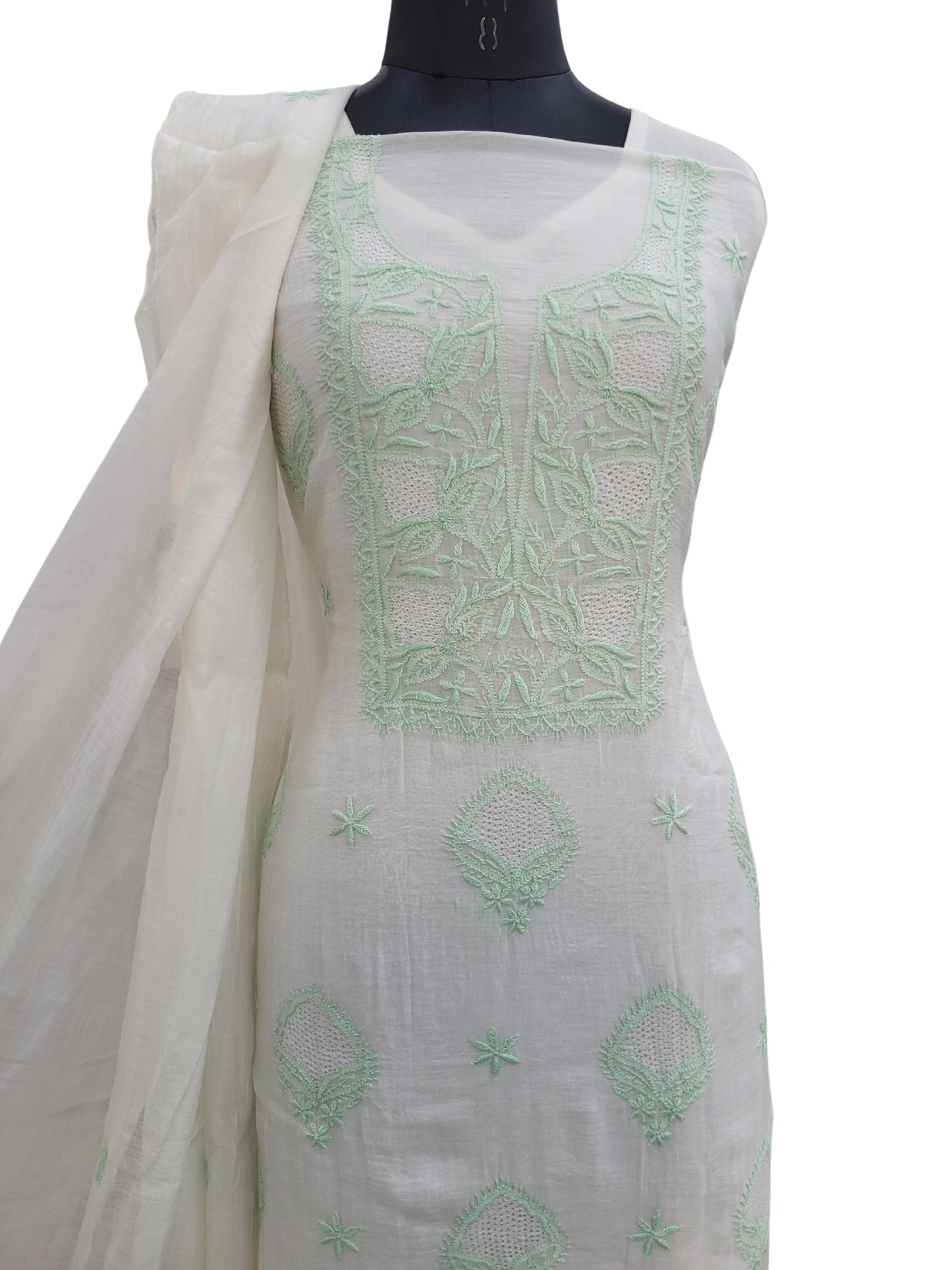 Shyamal Chikan Hand Embroidered White Mul Chanderi Lucknowi Chikankari Unstitched Suit Piece With Jaali Work (Kurta Dupatta Set) - S23729