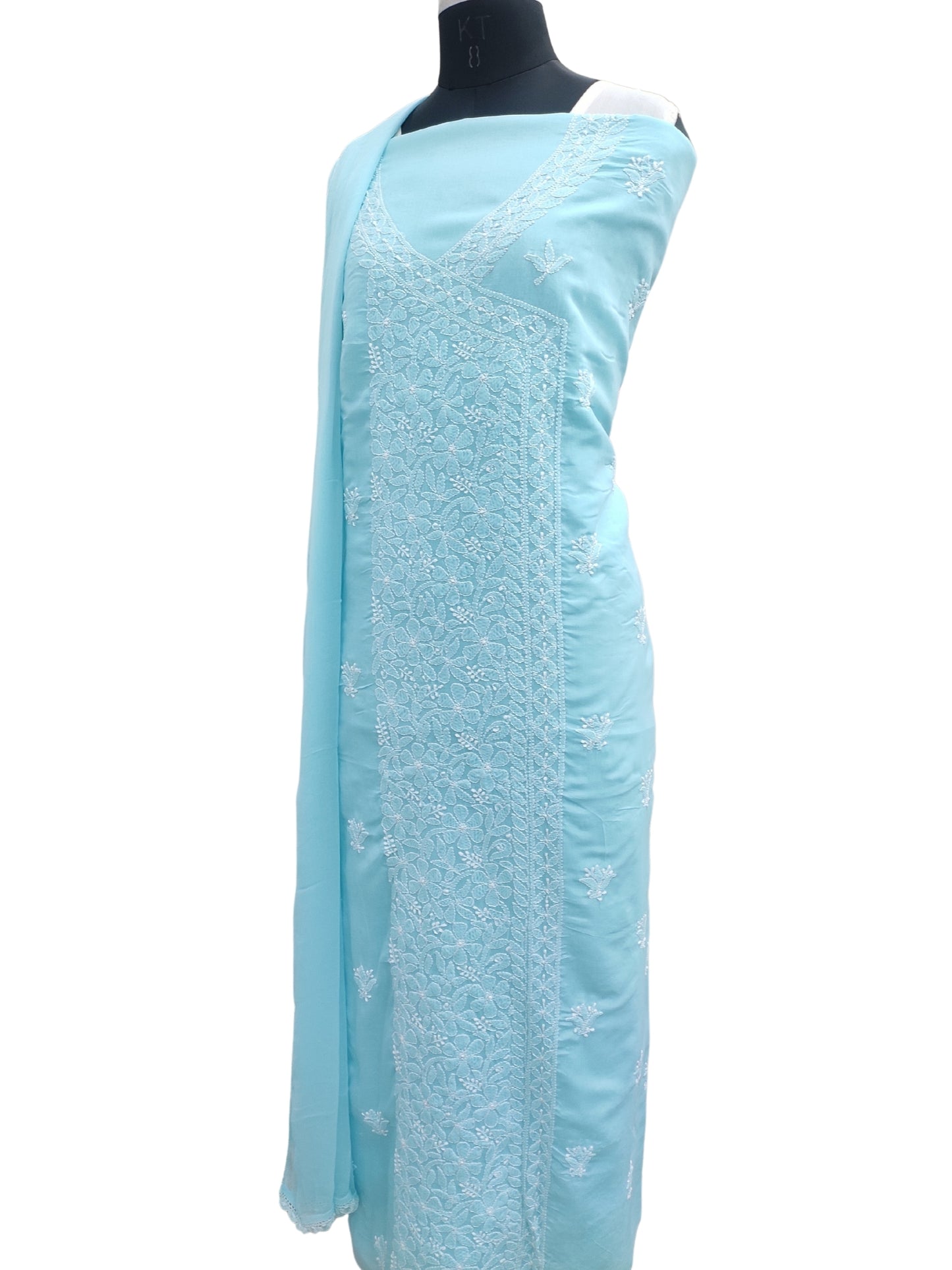 Shyamal Chikan Hand Embroidered Blue Cotton Lucknowi Chikankari Unstitched Angrakha Style Suit Piece- S25431