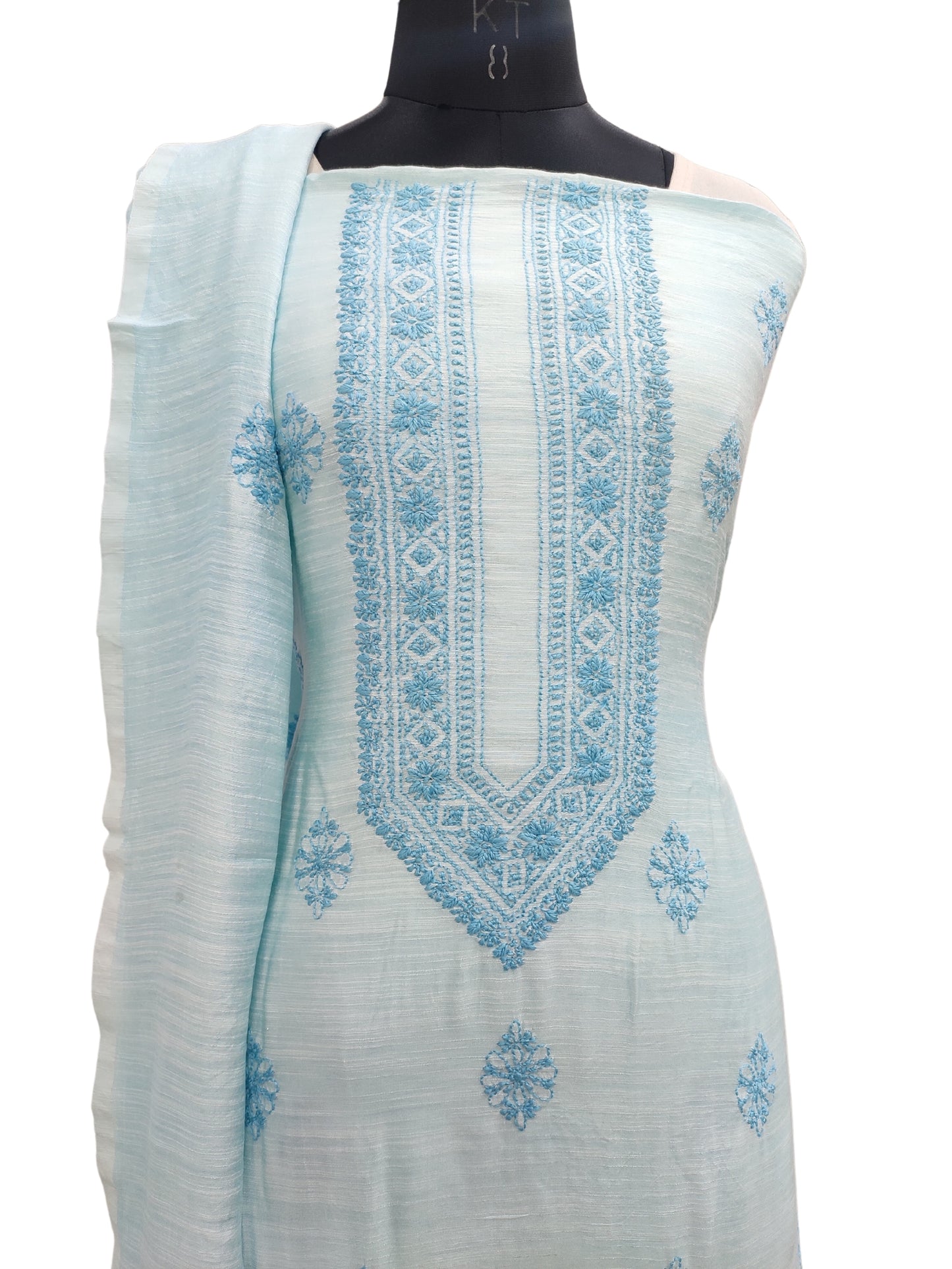 Shyamal Chikan Hand Embroidered Sky Blue Pure Chanderi Silk Lucknowi Chikankari Unstitched Suit Piece ( Kurta Dupatta Set ) - S20215