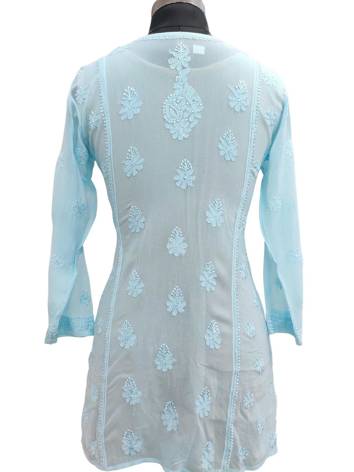 Shyamal Chikan Hand Embroidered Blue Viscose Georgette Lucknowi Chikankari Short Top - S20325