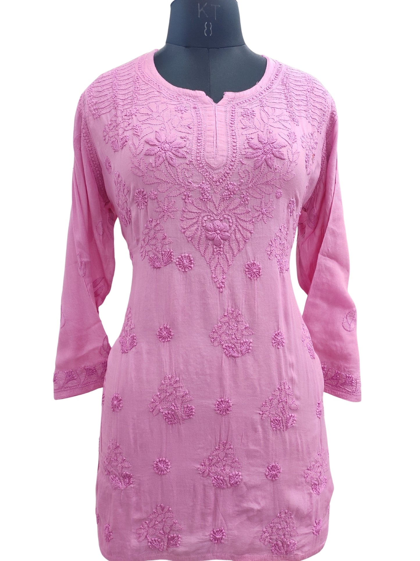 Shyamal Chikan Hand Embroidered Pink Pure Cotton Lucknowi Chikankari Short Top- 23463