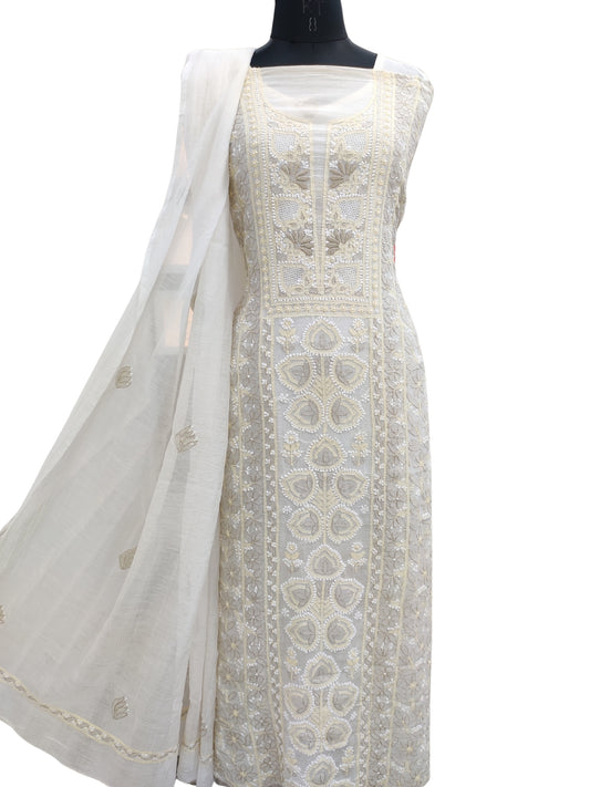 Shyamal Chikan Hand Embroidered White Mul Chanderi Lucknowi Chikankari Unstitched Suit Piece (Kurta Dupatta Set) - 23551