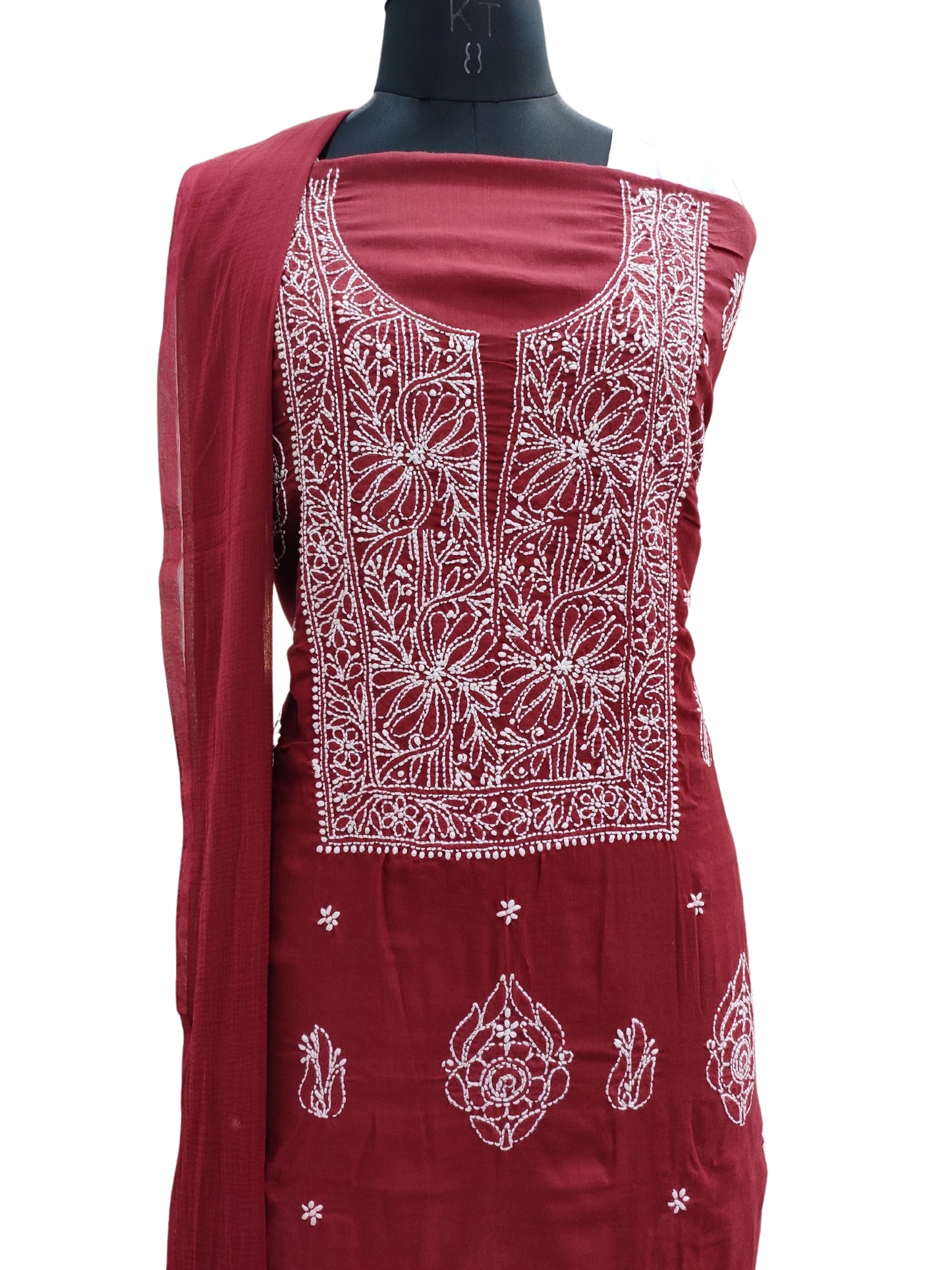 Shyamal Chikan Hand Embroidered Maroon Cotton Lucknowi Chikankari Unstitched Suit Piece - S24182