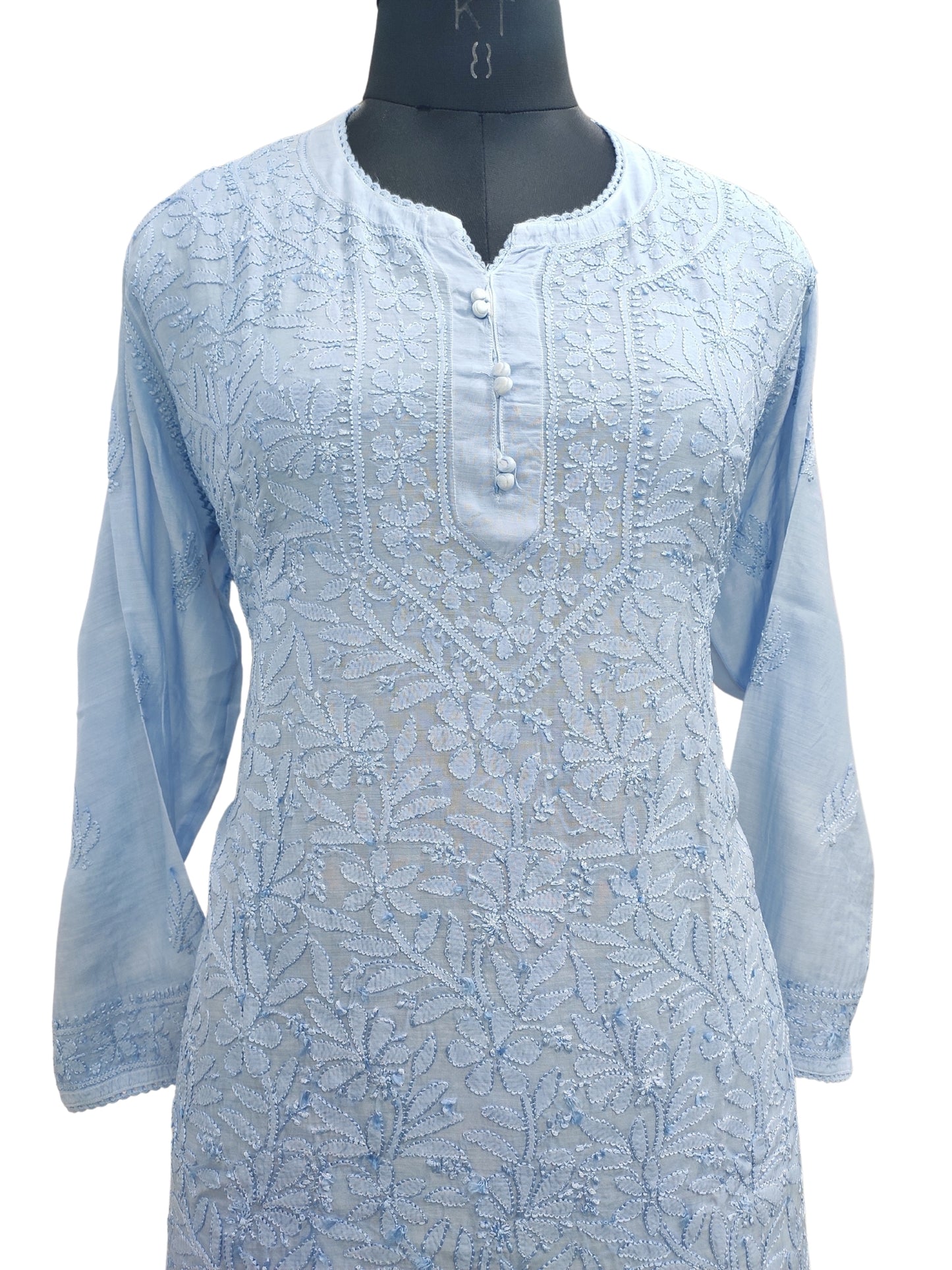 Shyamal Chikan Hand Embroidered Blue Muslin Lucknowi Chikankari Short Top - 23482