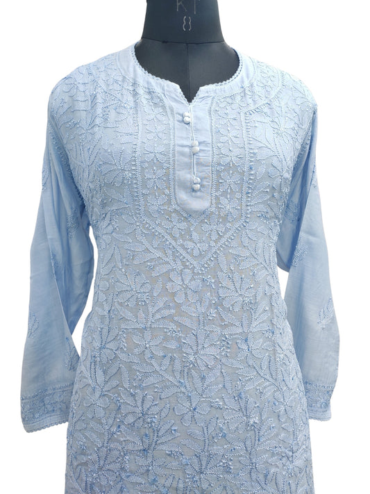 Shyamal Chikan Hand Embroidered Blue Muslin Lucknowi Chikankari Short Top - 23482