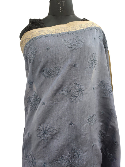 Shyamal Chikan Hand Embroidered Grey Banarasi Lucknowi Chikankari Saree With Blouse Piece- S22352