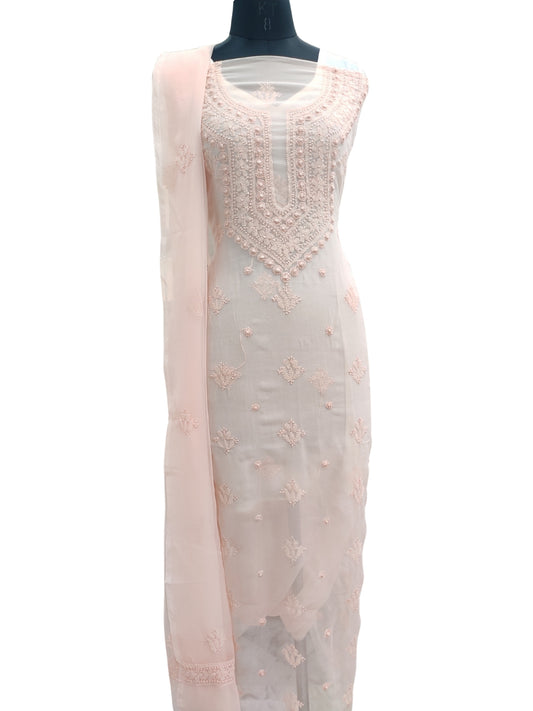 Shyamal Chikan Hand Embroidered Peach Georgette Lucknowi Chikankari Unstitched Suit Piece - 24099