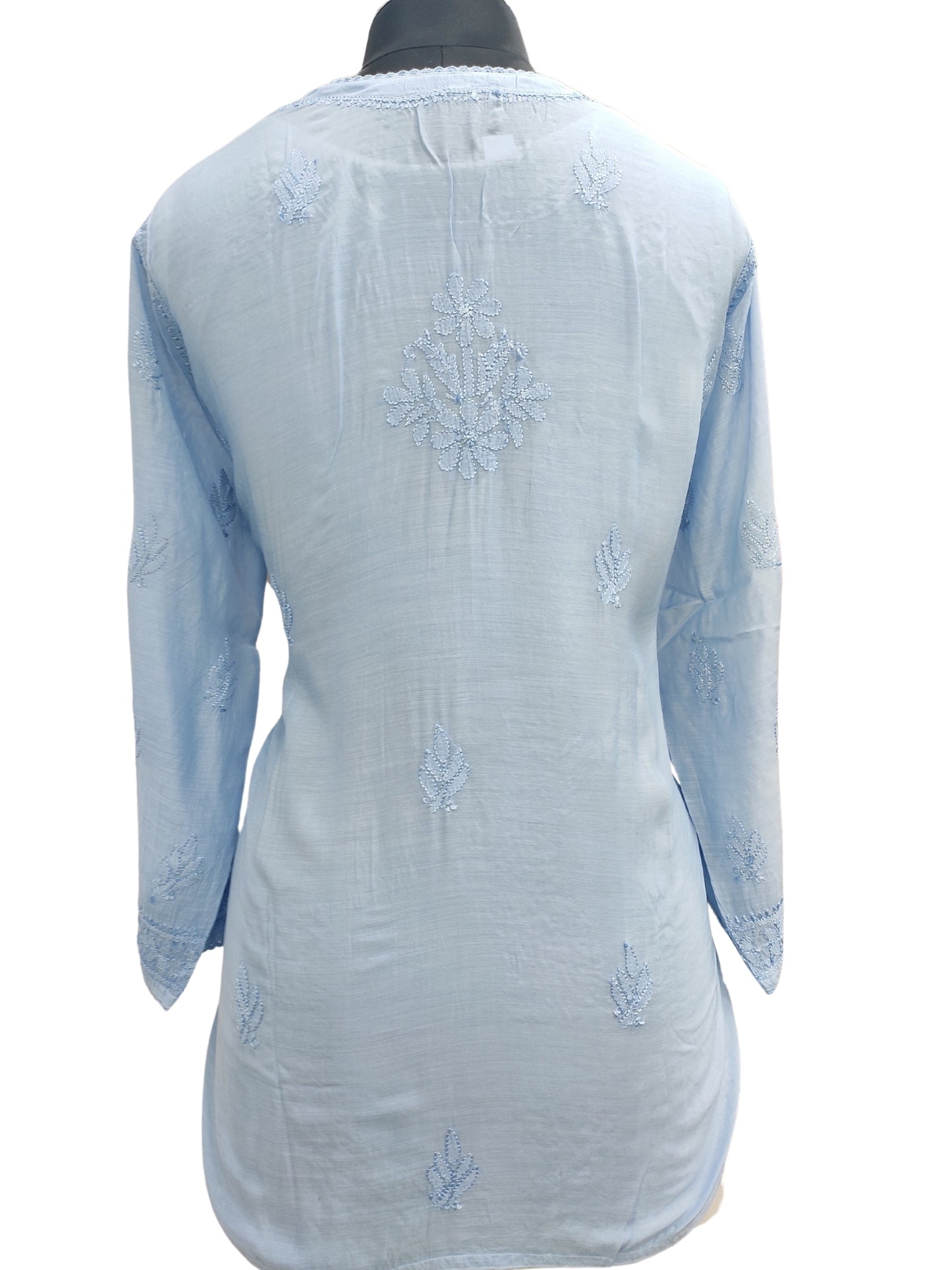 Shyamal Chikan Hand Embroidered Blue Muslin Lucknowi Chikankari Short Top - 23482