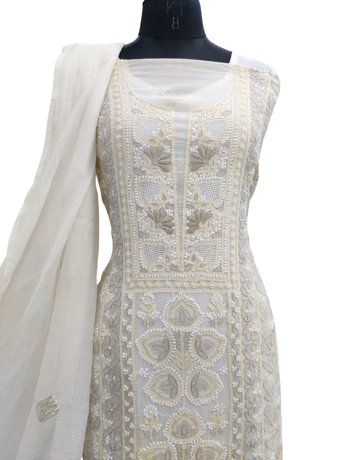 Shyamal Chikan Hand Embroidered White Mul Chanderi Lucknowi Chikankari Unstitched Suit Piece (Kurta Dupatta Set) - 23551