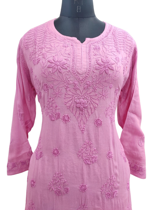 Shyamal Chikan Hand Embroidered Pink Pure Cotton Lucknowi Chikankari Short Top - S23463