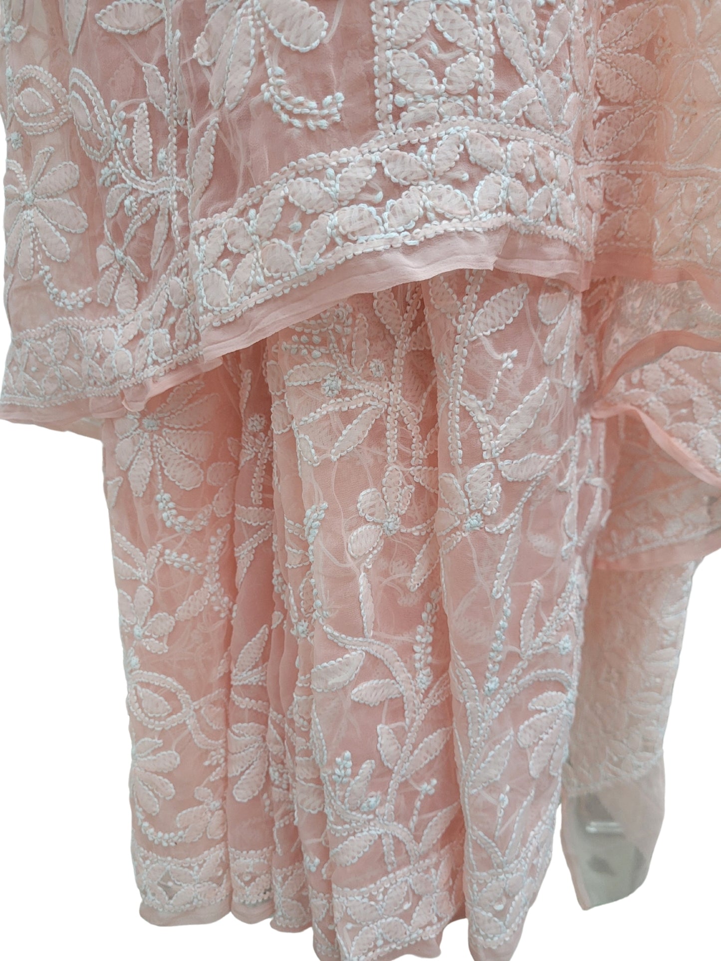 Shyamal Chikan Hand Embroidered Peach Georgette Lucknowi Chikankari Full Jaal Saree With Blouse Piece - S25196