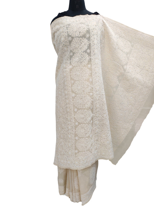 Shyamal Chikan Hand Embroidered Beige Cotton Lucknowi Chikankari Heavy Palla Saree With Blouse Piece- S22528