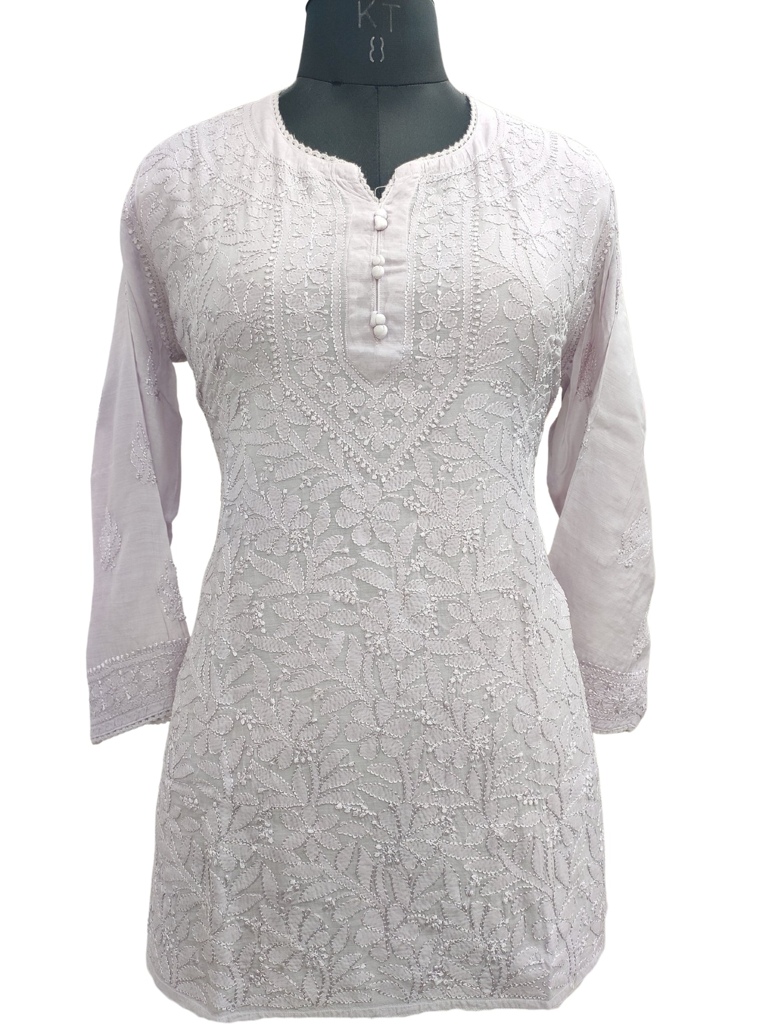 Shyamal Chikan Hand Embroidered Wine Muslin Lucknowi Chikankari Short Top - 23481