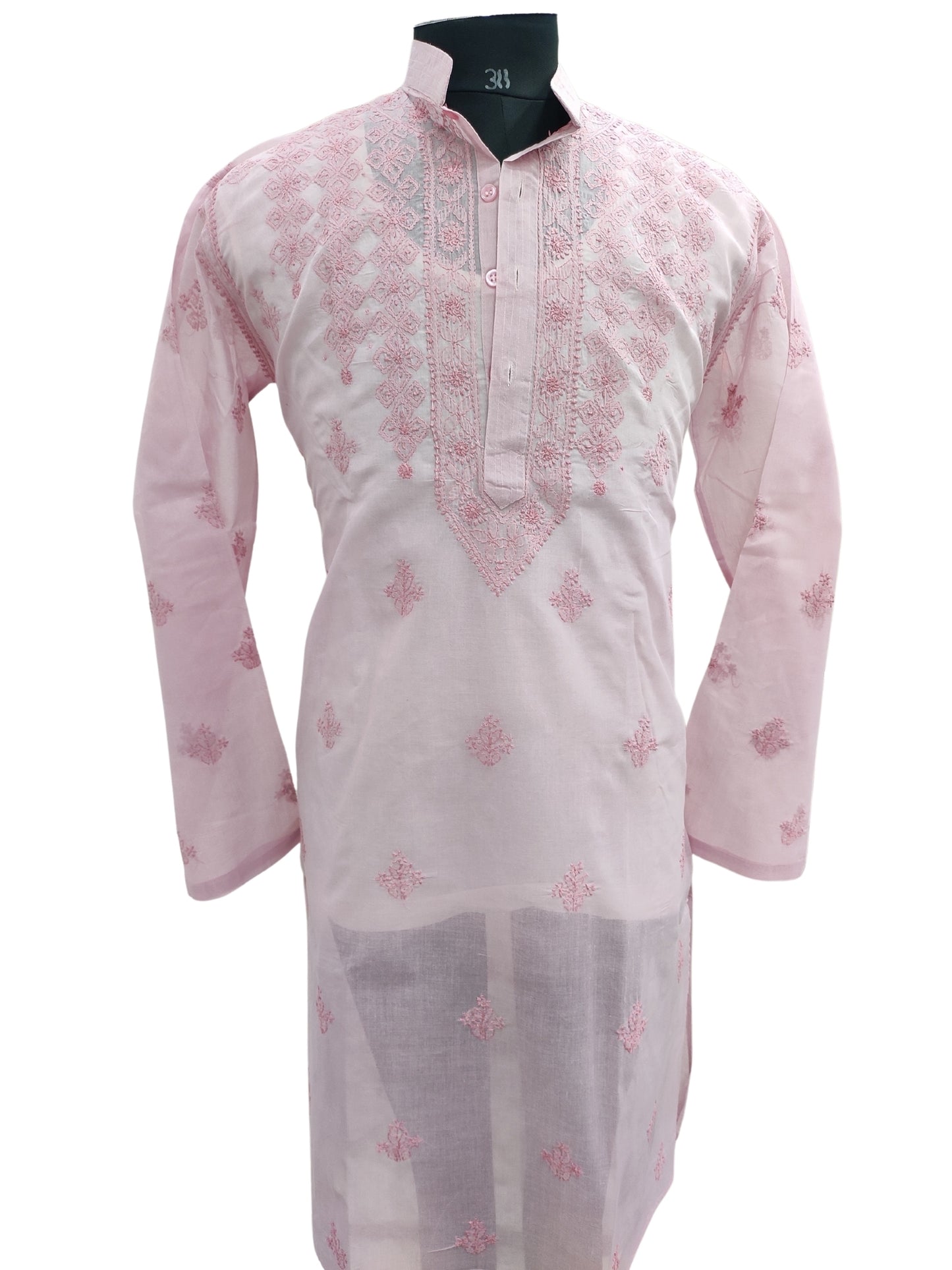 Shyamal Chikan Hand Embroidered Pink Cotton Lucknowi Chikankari Men's Kurta – S23605