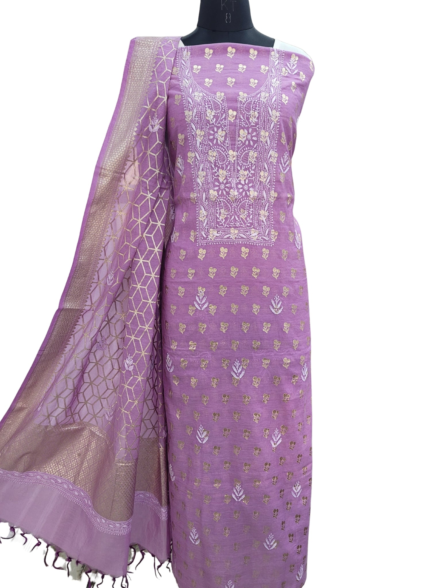 Shyamal Chikan Hand Embroidered Purple Chanderi Lucknowi Chikankari Unstitched Suit Piece ( Kurta Dupatta Set ) S24866