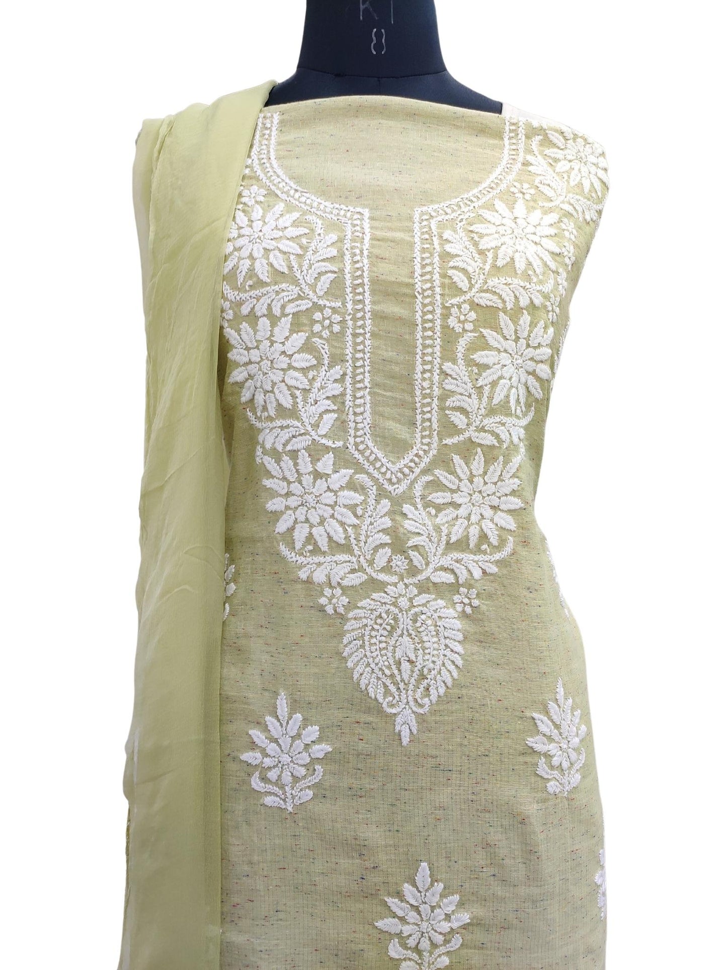 Shyamal Chikan Hand Embroidered Green Chanderi Lucknowi Chikankari Unstitched Suit Piece ( Kurta Dupatta Set ) S19969