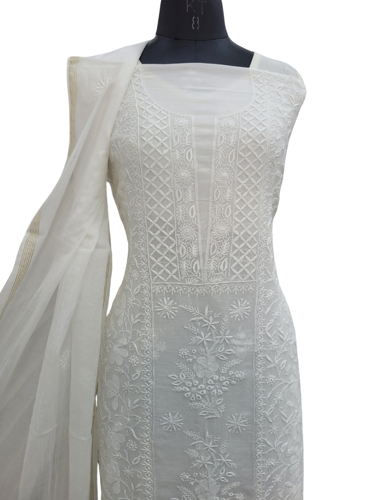 Shyamal Chikan Hand Embroidered White Mul Chanderi Lucknowi Chikankari Unstitched Suit Piece (Kurta Dupatta Set) - S24594