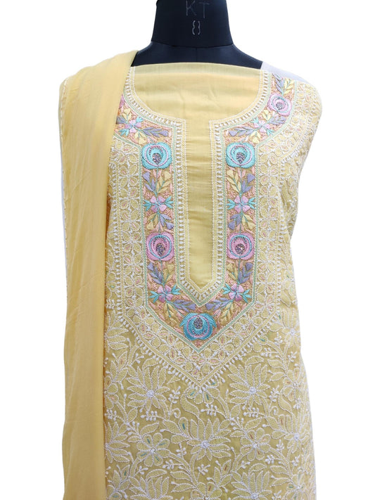 Shyamal Chikan Hand Embroidered Yellow Cotton Lucknowi Chikankari Unstitched Suit Piece With Parsi Work - S20854