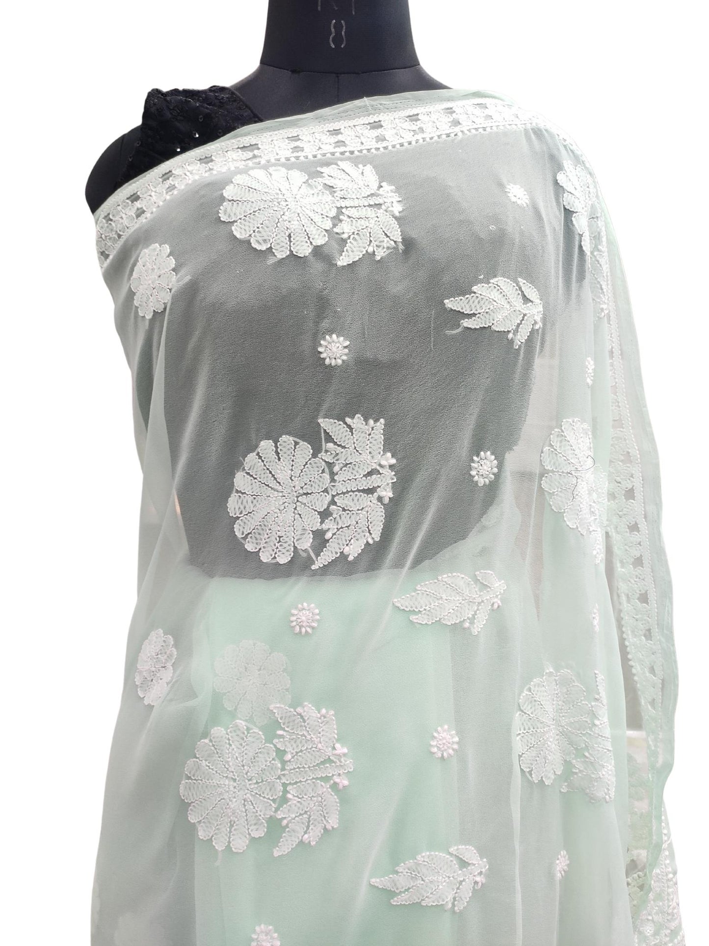 Shyamal Chikan Hand Embroidered Sea Green Georgette Lucknowi Chikankari Saree With Blouse Piece - S21327