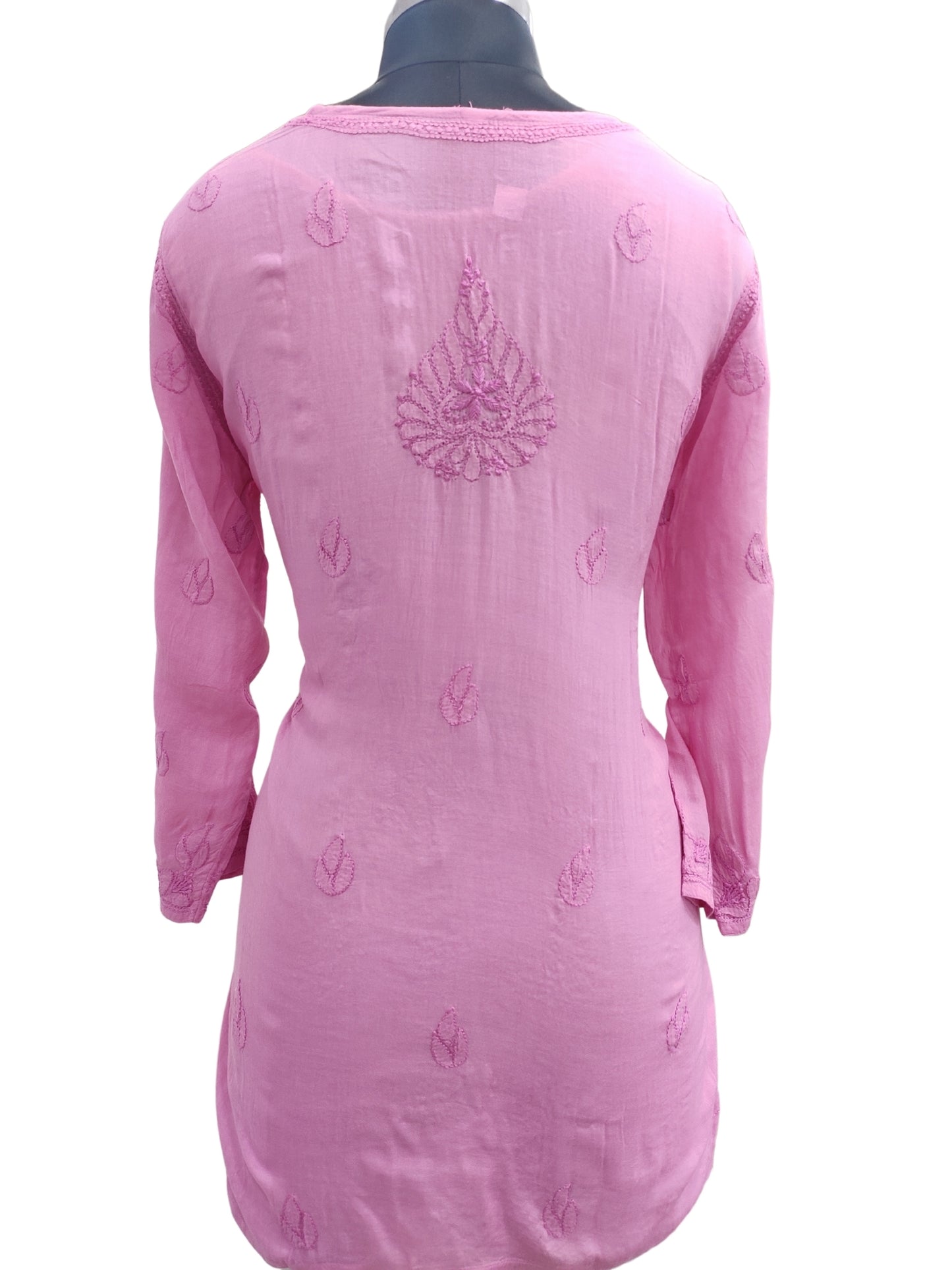 Shyamal Chikan Hand Embroidered Pink Pure Cotton Lucknowi Chikankari Short Top- 23463